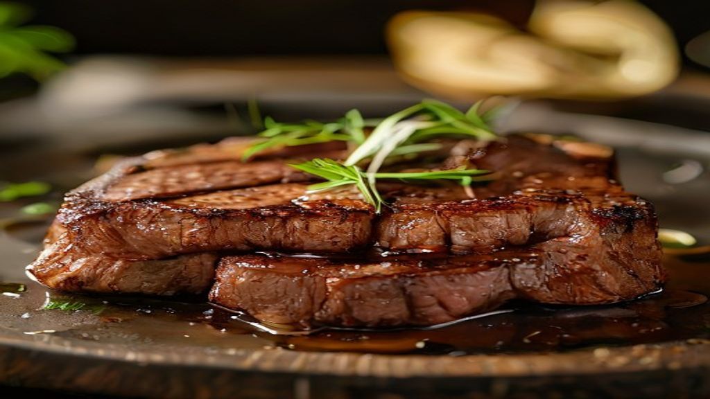 Picanha grelhada suculenta servida fatiada, dourada e macia, ideal para churrasco.