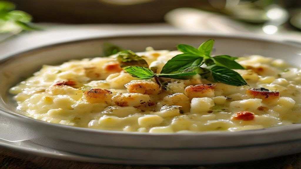 Prato de polenta instantânea cremosa finalizada, com queijo derretido por cima e textura suave