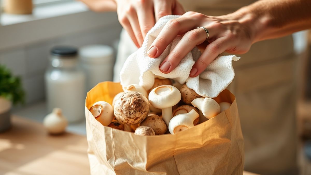 Mãos limpando cogumelos com papel toalha antes de armazenar no saco de papel