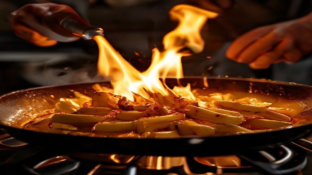 Mãos segurando a frigideira enquanto as bananas são flambadas, com fogo visível.