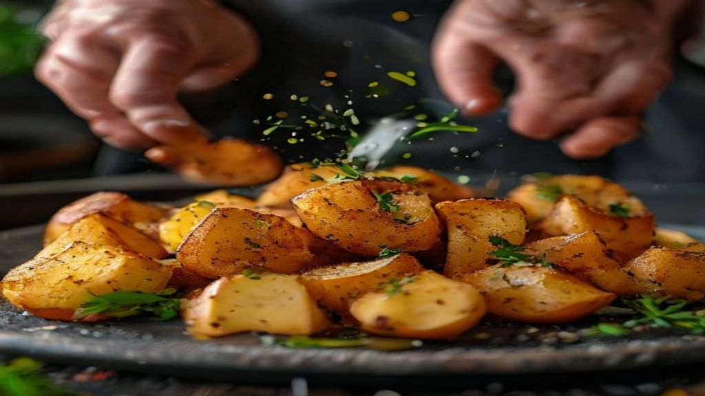 Mãos envolvendo as batatas cortadas nos temperos antes de levar ao forno