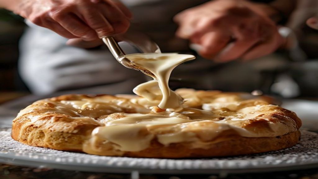 Mãos despejando o recheio cremoso sobre a massa do bolo antes de levar ao forno
