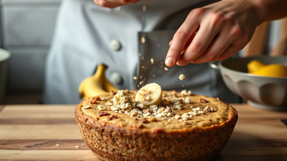 Mãos amassando banana e misturando a massa com aveia em uma tigela, mostrando textura cremosa antes do fermento