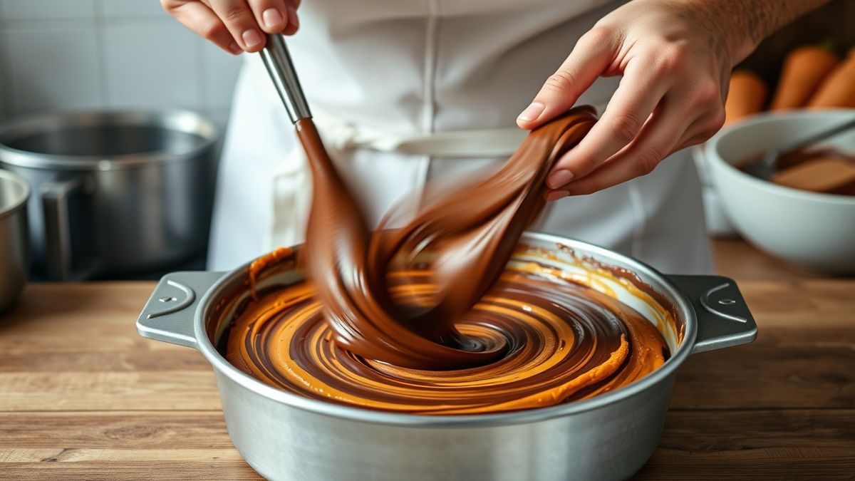 Mãos misturando a massa de cenoura com chocolate, criando o efeito mesclado na forma