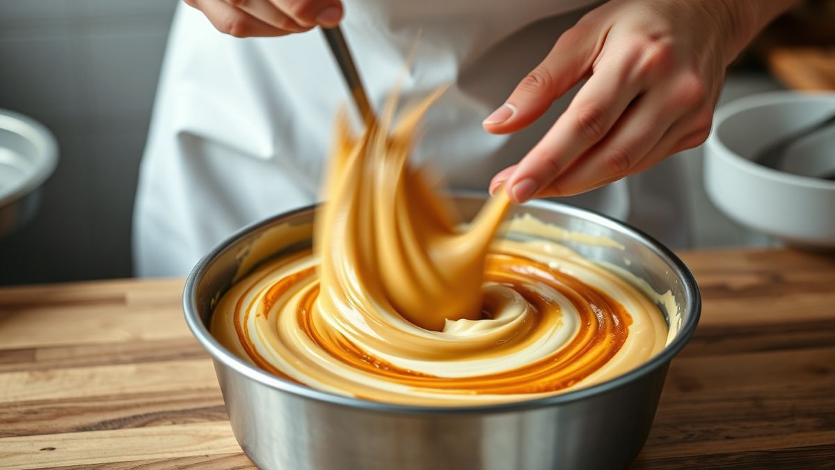 Mãos misturando delicadamente a massa de cenoura e a de chocolate para formar o efeito mesclado