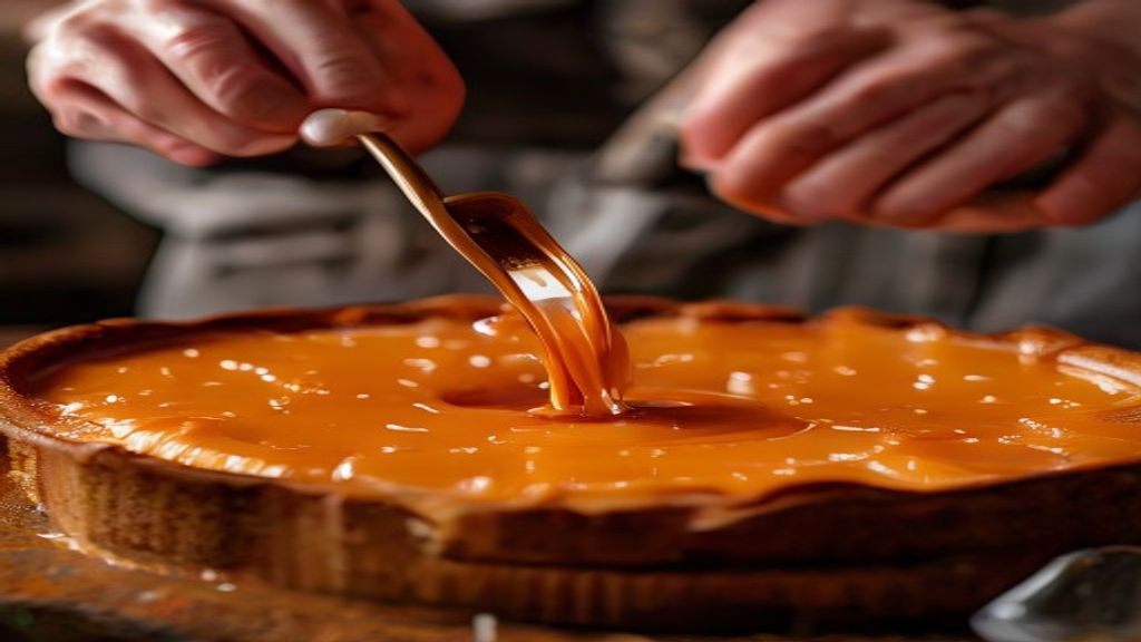 Mãos despejando a massa de bolo sobre o pudim em uma forma caramelizada, durante o passo de montagem