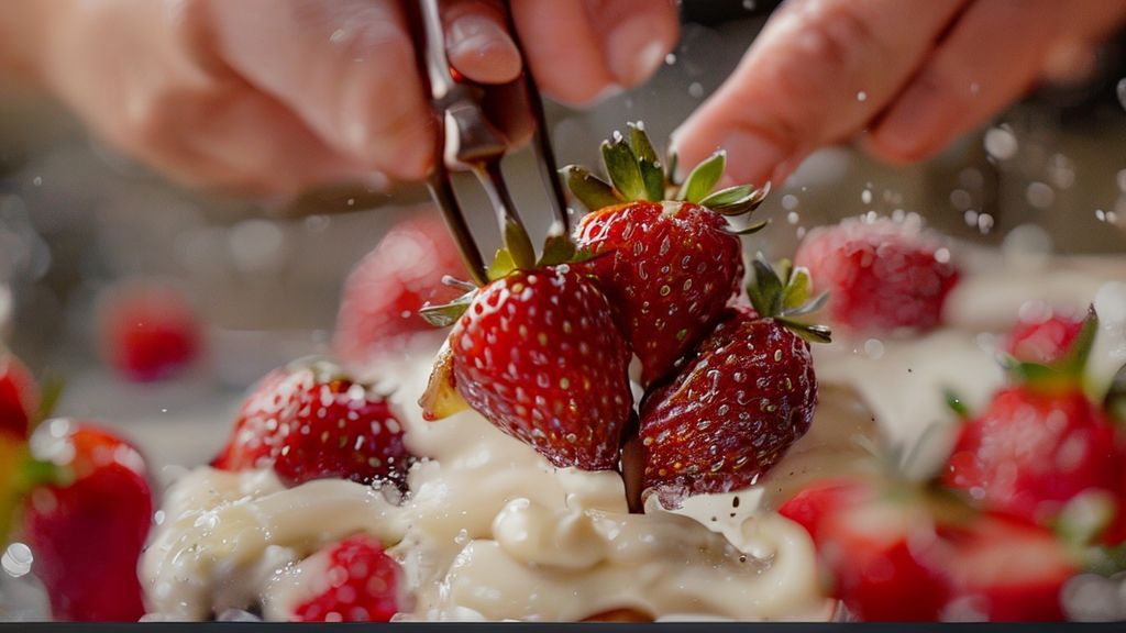 Mãos moldando morangos com brigadeiro branco e mergulhando no chocolate derretido