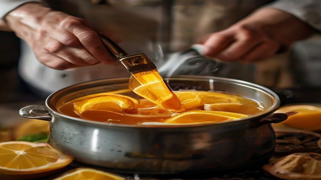 Mãos adicionando rodelas de laranja e gengibre em uma panela com água quente durante o preparo