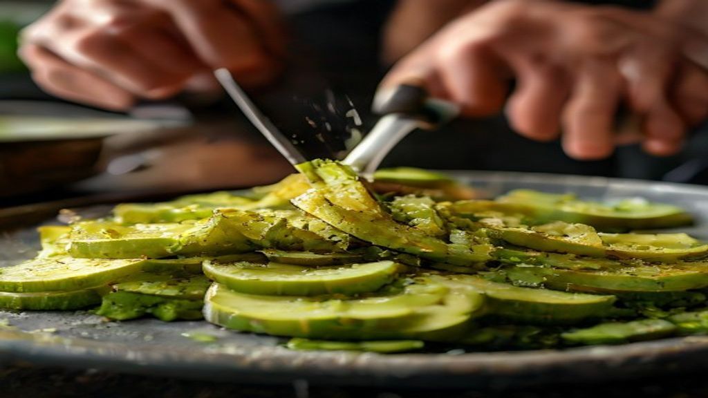 Mãos cortando bananas finas e misturando o guacamole em uma tigela