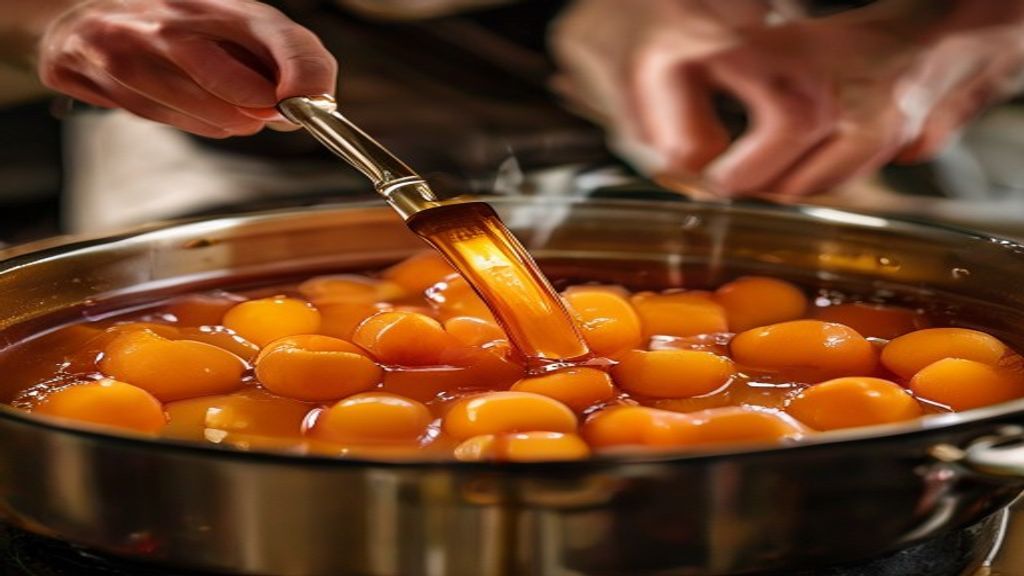 Mãos mexendo pêssegos em calda dourada durante o cozimento em panela de fundo grosso