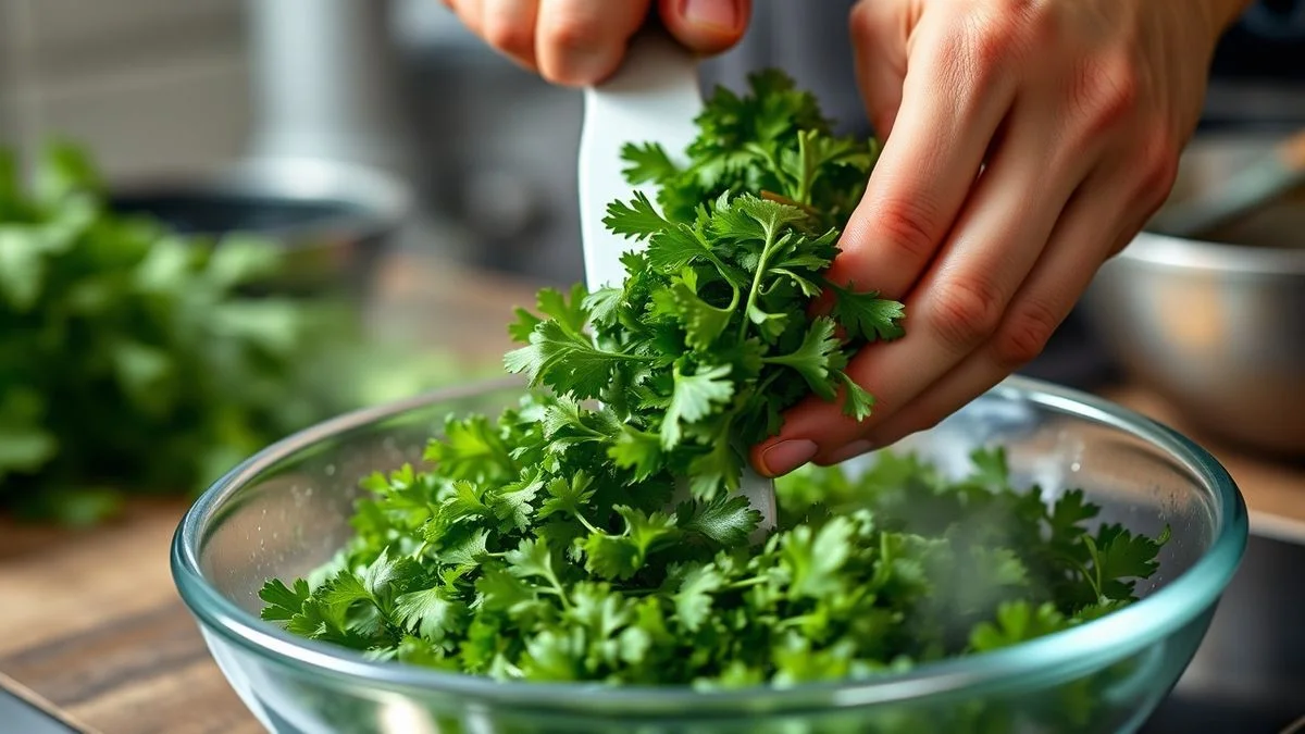 Mãos secando e picando as ervas e preenchendo a forma de gelo com água ou azeite
