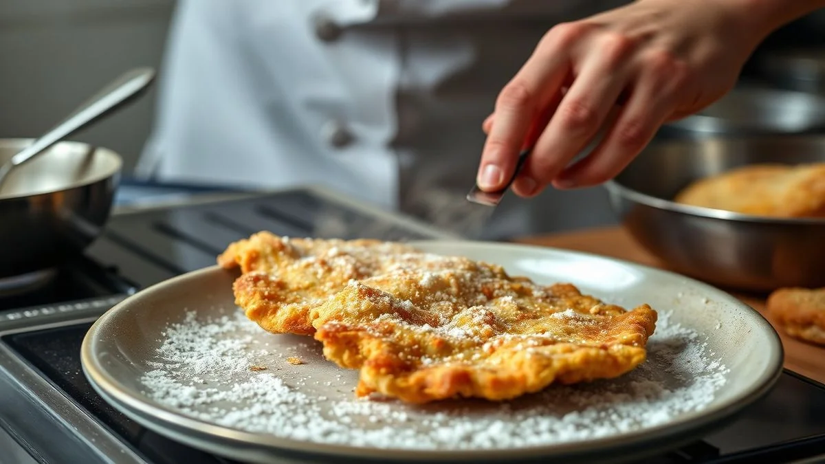 Mãos empanando o escalope (passando no ovo e pressionando no panko) ao lado de uma frigideira aquecendo com manteiga e azeite