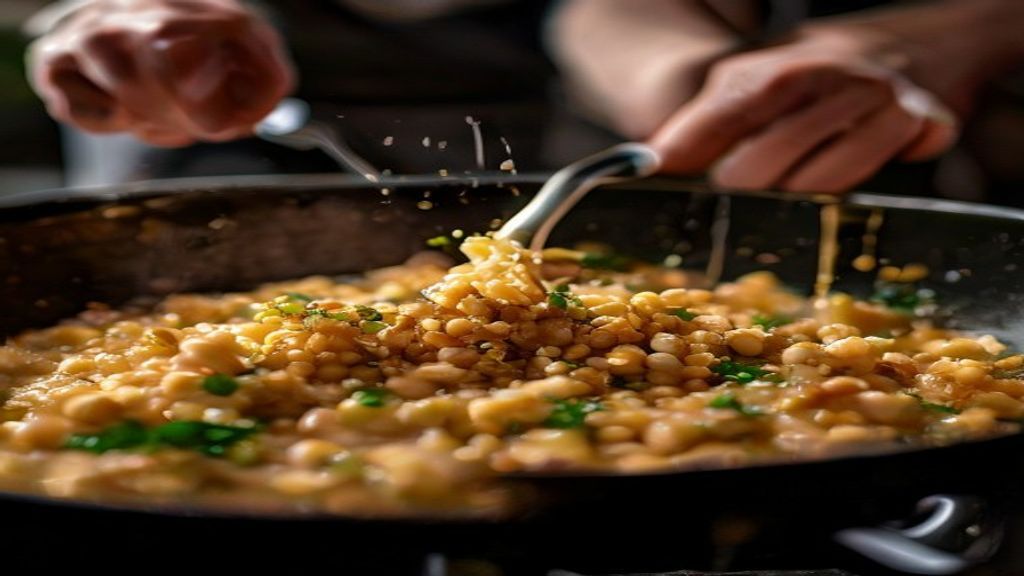 Mãos cozinhando carne moída em panela e misturando com creme de milho, requeijão e temperos