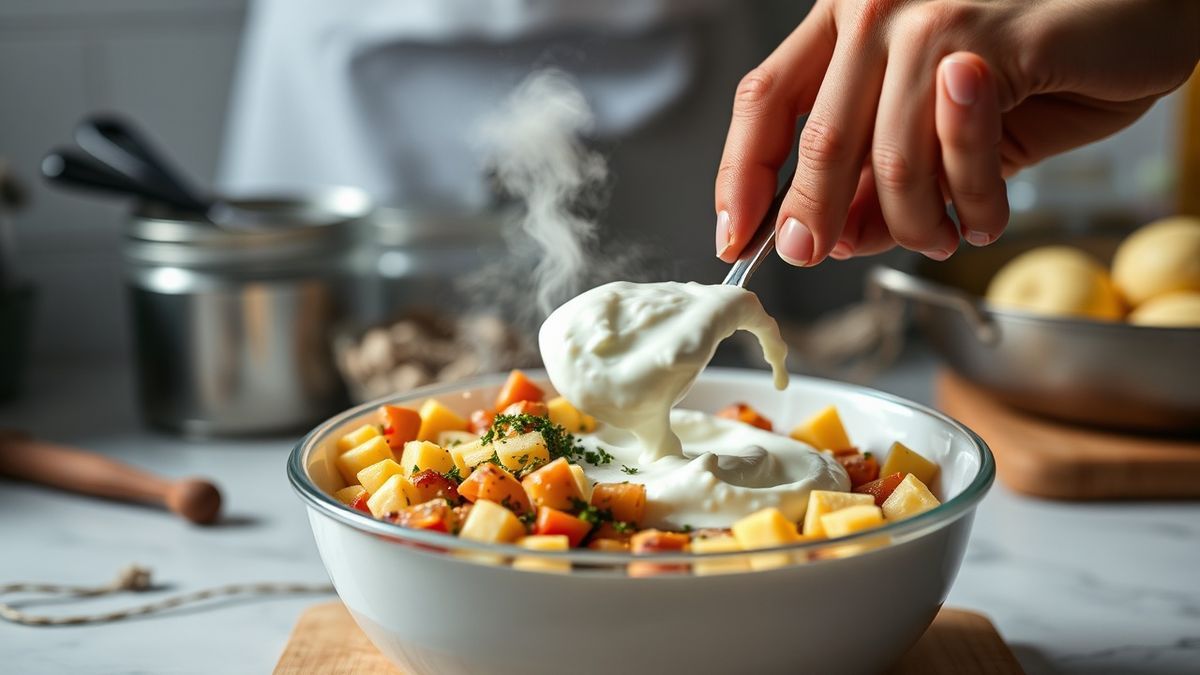 Mãos misturando o “starter” (iogurte) no leite morno, mostrando a etapa de inoculação com textura lisa.