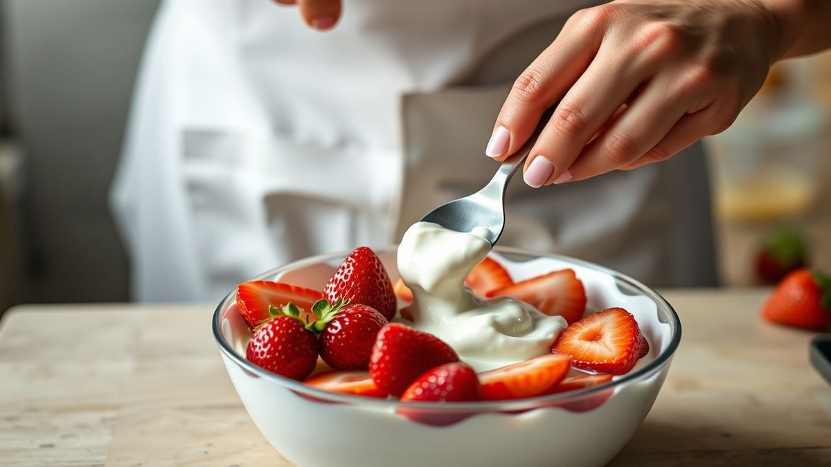 Mãos misturando o “fermento” (iogurte) no leite morno e mexendo suavemente antes de incubar