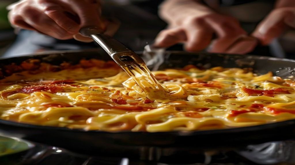 Mãos montando as camadas de massa, molho e queijo dentro da frigideira