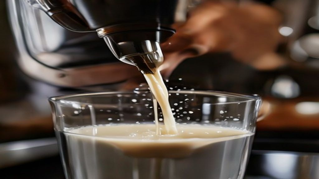 Mãos segurando um liquidificador enquanto mistura o leite em pó, o açúcar e a água quente