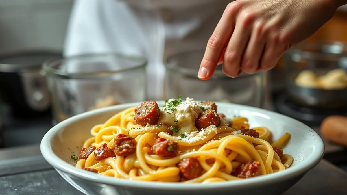Mãos mexendo o roux e incorporando o leite com batedor de arame para deixar o molho branco liso e aveludado