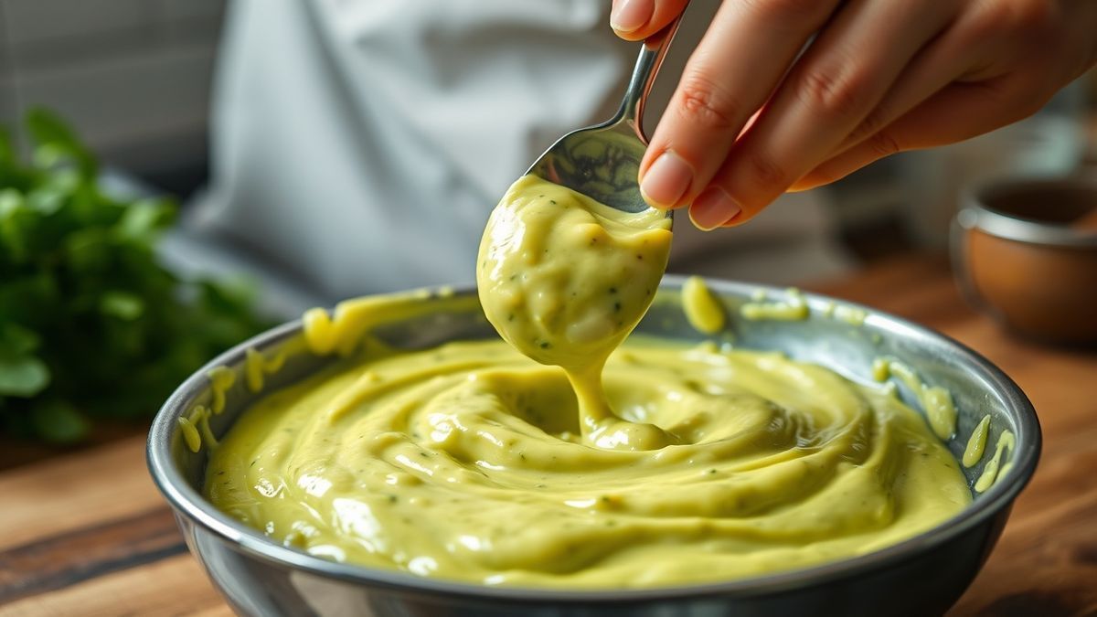 Mãos adicionando o óleo em fio enquanto bate a base da maionese no mixer/liquidificador