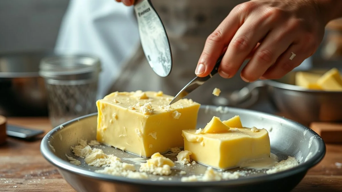 Mãos batendo o creme na batedeira até a separação da gordura do leitelho, com respingos controlados
