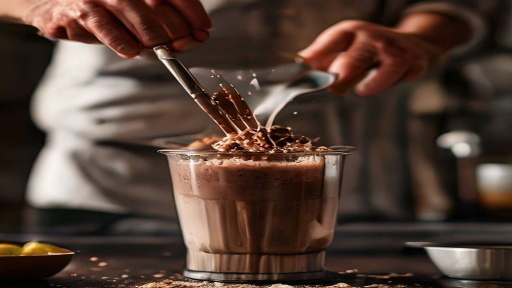Mãos adicionando sorvete e biscoitos em um liquidificador durante o preparo