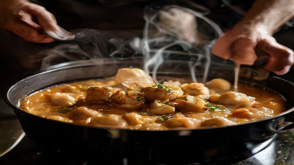 Mãos mexendo a panela enquanto refogam a moela com o molho.