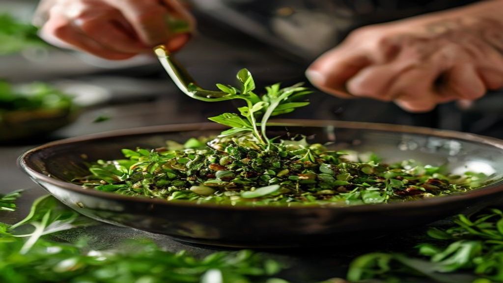 Mãos misturando ervas e azeite em uma tigela de vidro durante o preparo do molho chimichurri