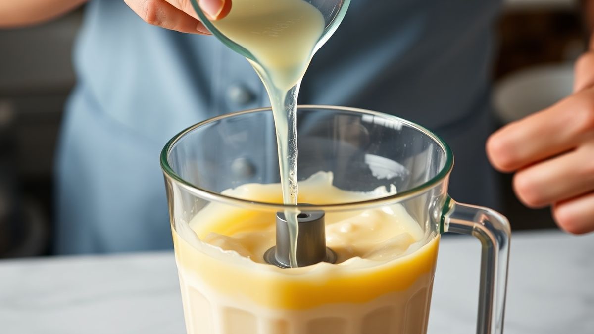 Mãos despejando a gelatina dissolvida em fio no liquidificador com a mistura cremosa