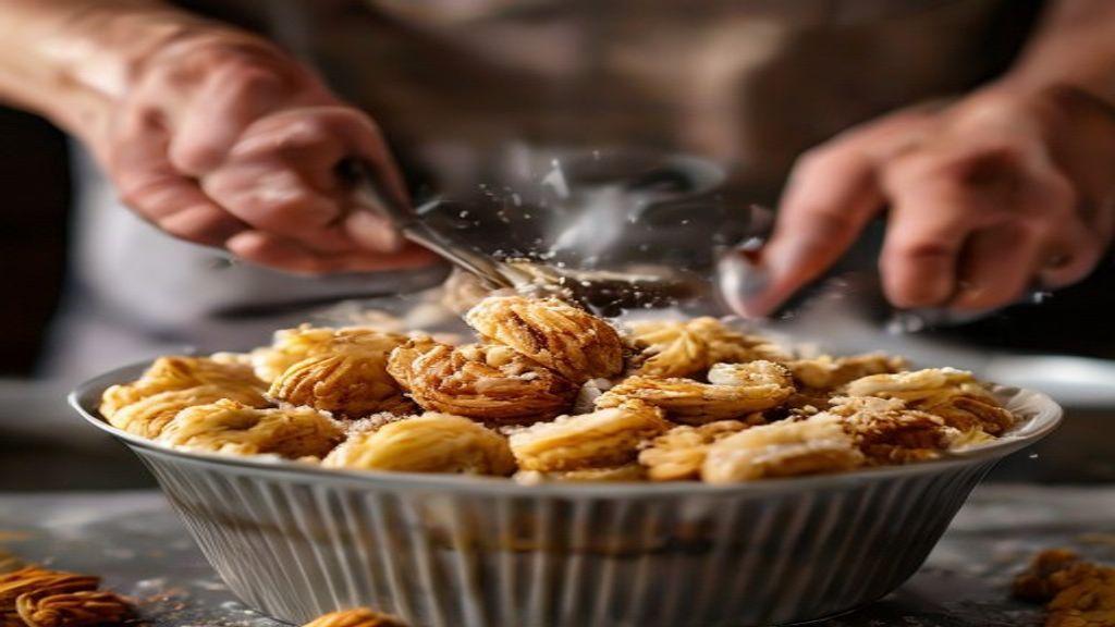 Mãos misturando a massa de muffins em uma tigela, com textura cremosa e pedaços de nozes sendo incorporados.