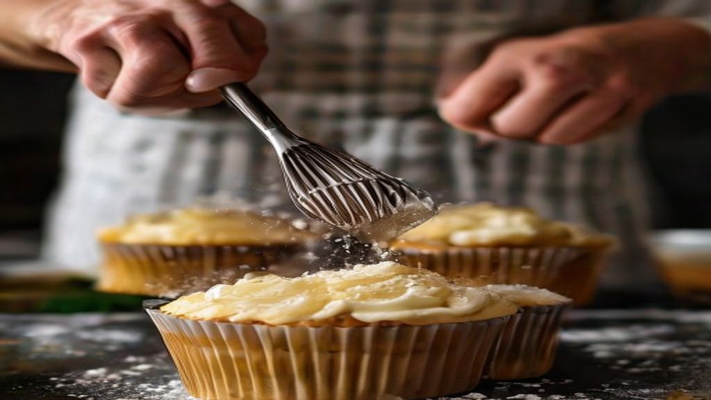 Mãos misturando a massa cremosa dos muffins em tigela com fouet, mostrando textura leve