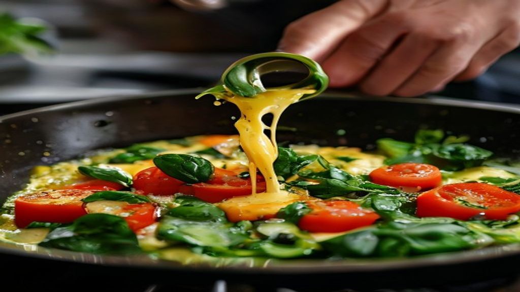 Mãos adicionando ovos batidos à frigideira com refogado de espinafre e tomate, em etapa de cozimento.