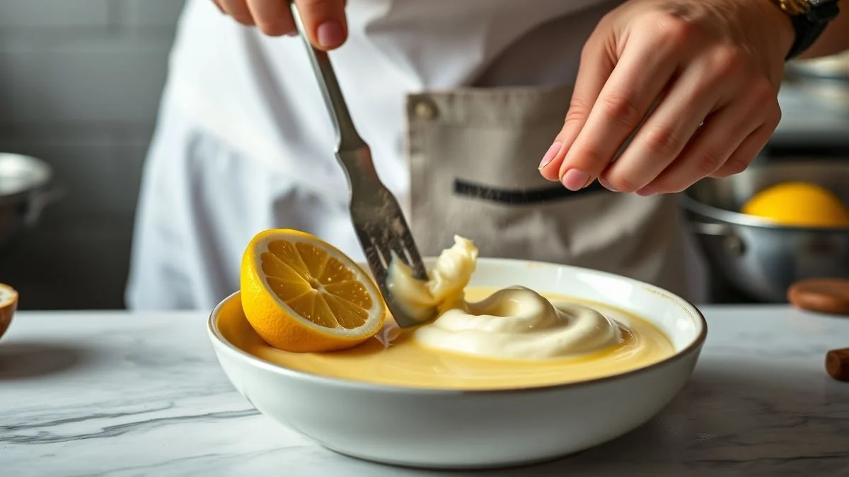 Mãos mexendo a panela com a base quente sem ferver e adicionando a gelatina hidratada com o fogo desligado