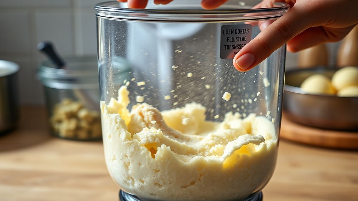 Mãos misturando a massa bem grudenta em uma tigela, incorporando a farinha aos poucos com espátula
