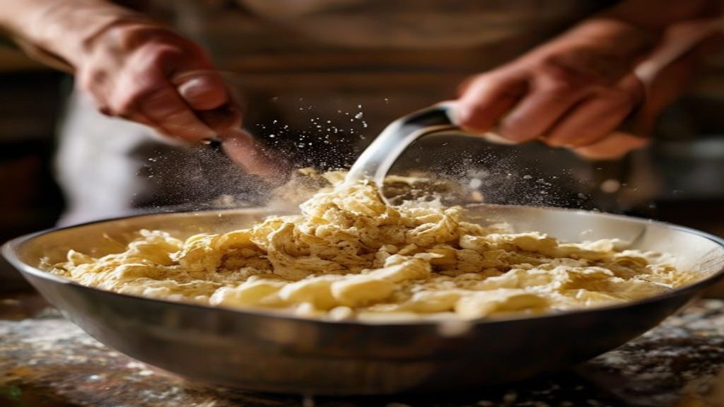 Mãos misturando a massa do pão em uma tigela grande durante o preparo