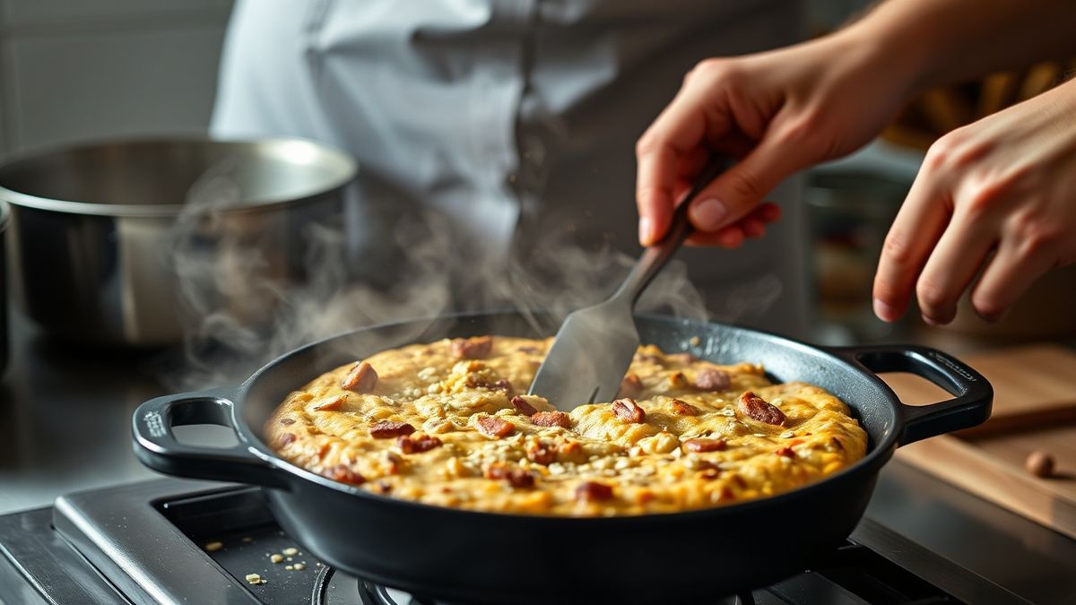 Mãos misturando a massa e espalhando na frigideira antiaderente com tampa, em fogo baixo
