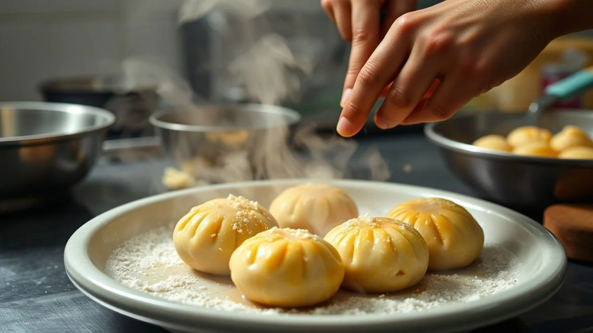 Mãos misturando a massa de mandioca com queijo e polvilho até ficar homogênea e modelável