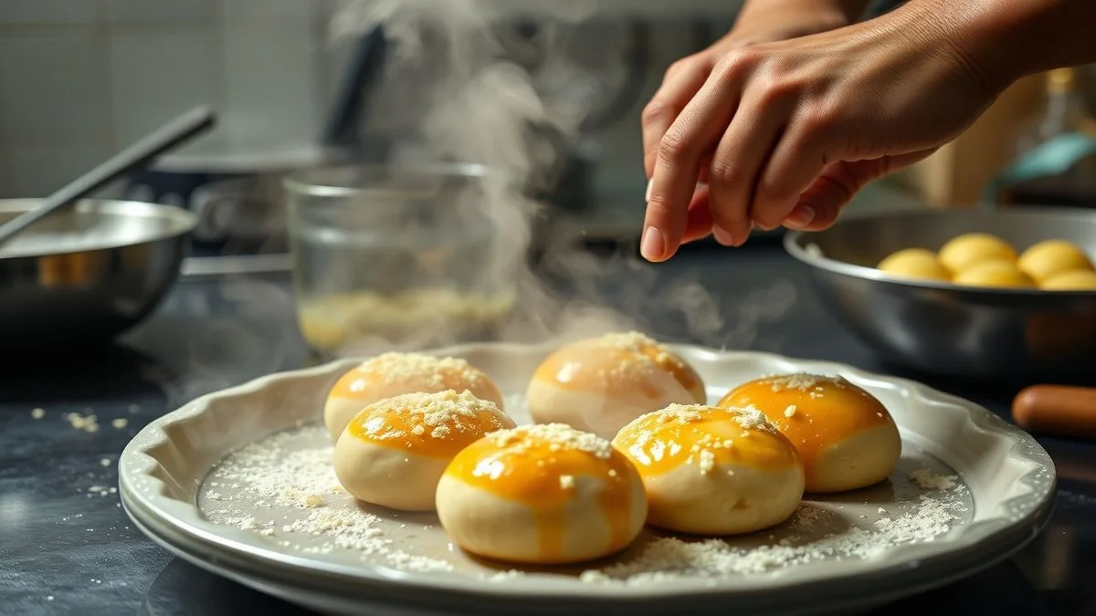 Mãos misturando a massa úmida com queijo e tapioca em uma tigela, mostrando a textura correta para modelar