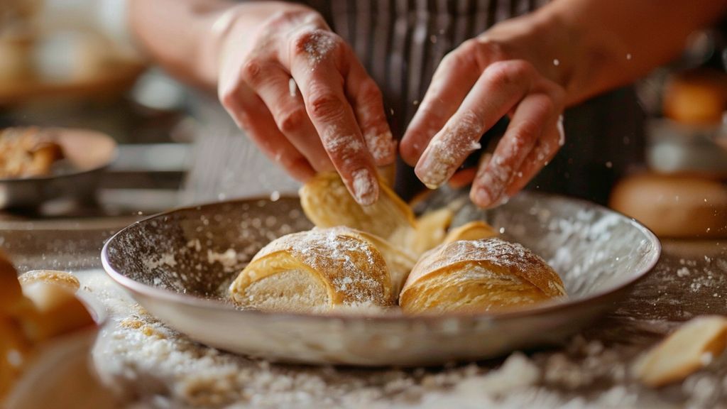 Mãos misturando os ingredientes da massa úmida do pãozinho em uma tigela de vidro