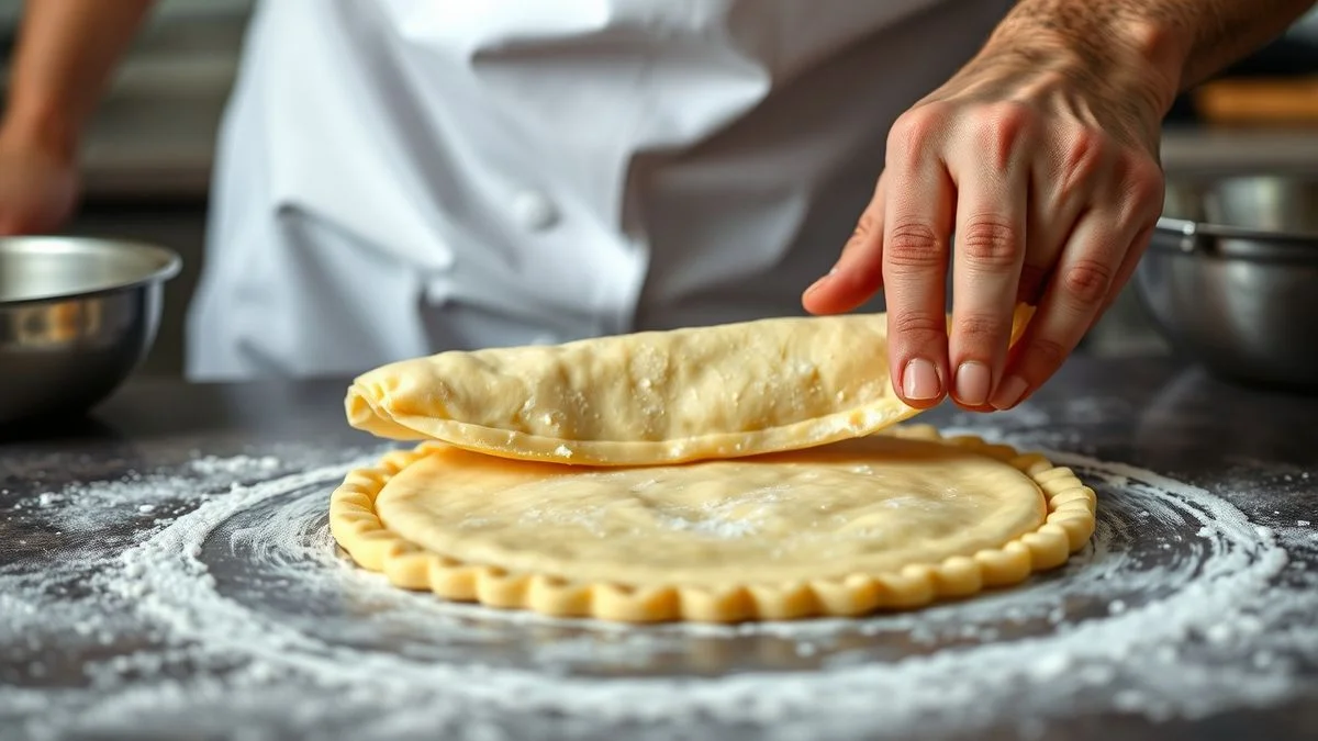 Mãos abrindo a massa bem fina com rolo e preparando para rechear e fechar as bordas