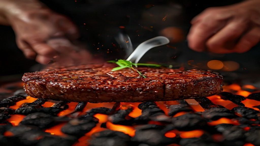 Mãos virando a picanha na grelha sobre brasas, mostrando o dourado da carne em fogo controlado.