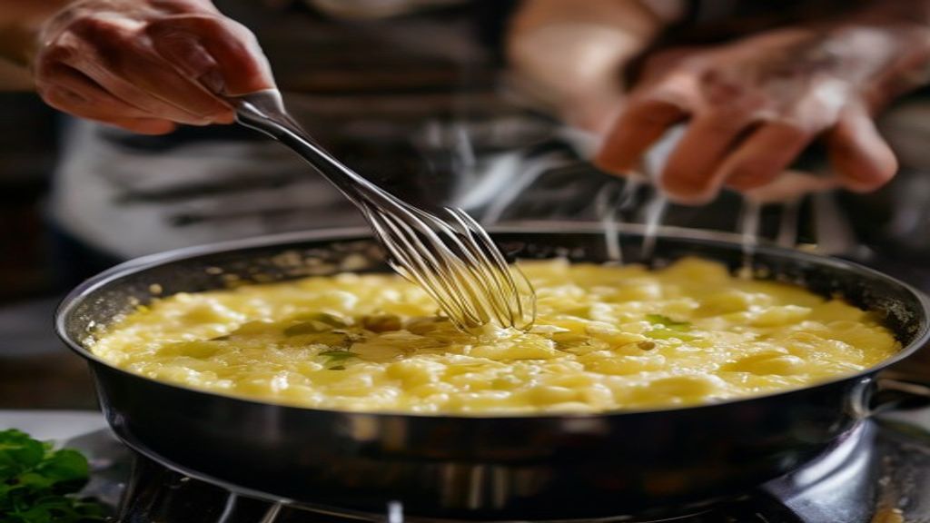 Mãos mexendo o fubá na panela com um fouet enquanto a polenta ganha cremosidade.