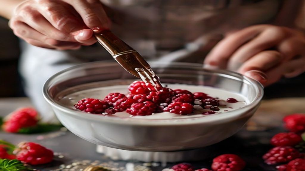 Mãos misturando sementes de chia em leite vegetal em uma tigela durante o preparo