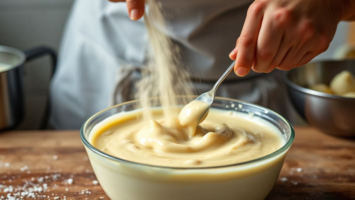 Mãos adicionando gelatina dissolvida em fio no liquidificador com o creme já batido, mostrando o passo-chave