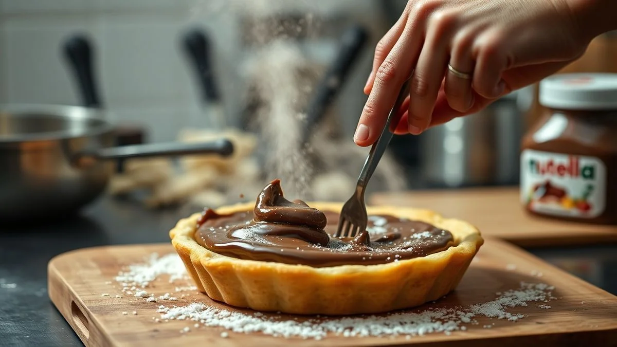 Mãos batendo a mistura de Nutella com creme bem gelado em tigela, mostrando textura cremosa e homogênea