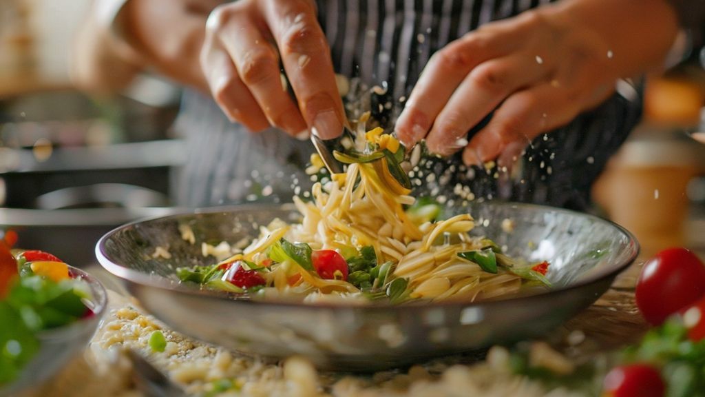 Mãos misturando os ingredientes da salada de cevadinha em uma tigela grande