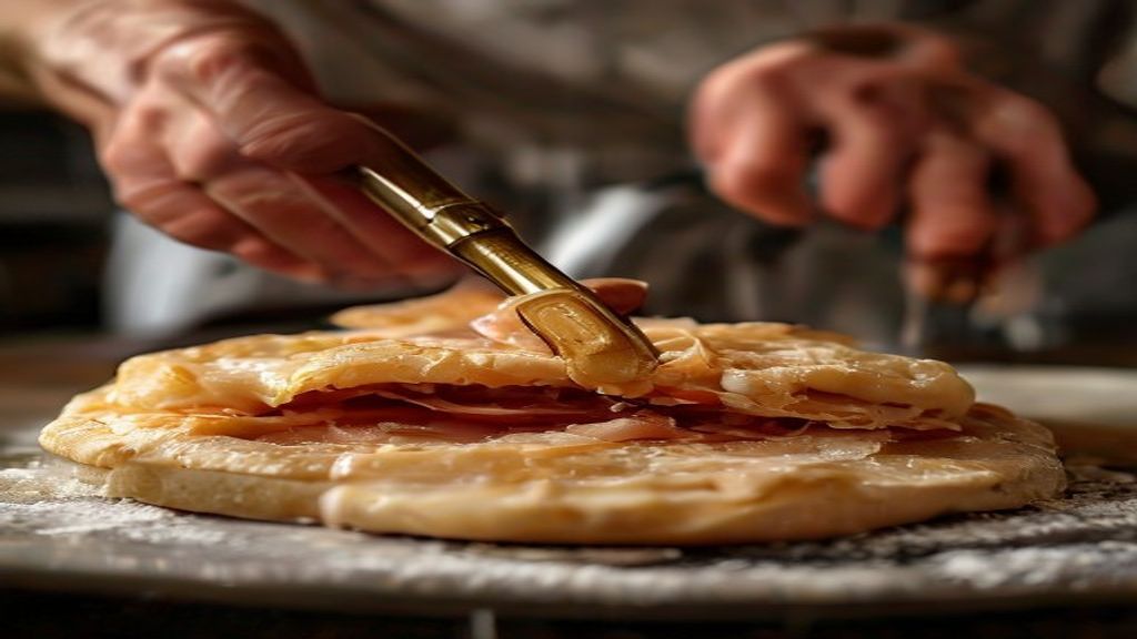 Mãos modelando e recheando salgadinhos com presunto e queijo sobre bancada enfarinhada