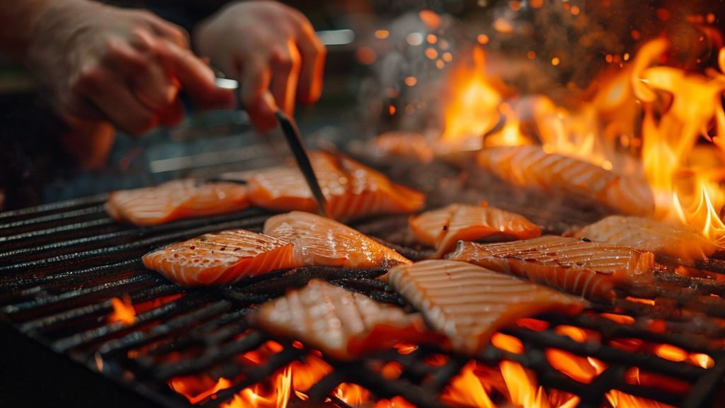 Pessoa colocando filés de salmão sobre a grelha quente da churrasqueira