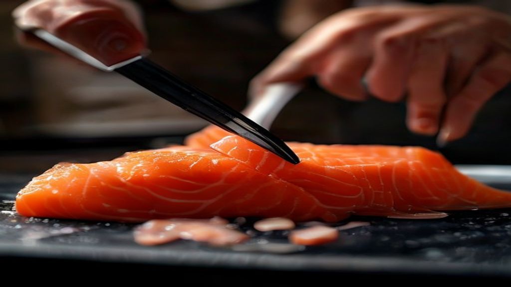 Mãos cortando o lombo de salmão com faca japonesa afiada durante o preparo.
