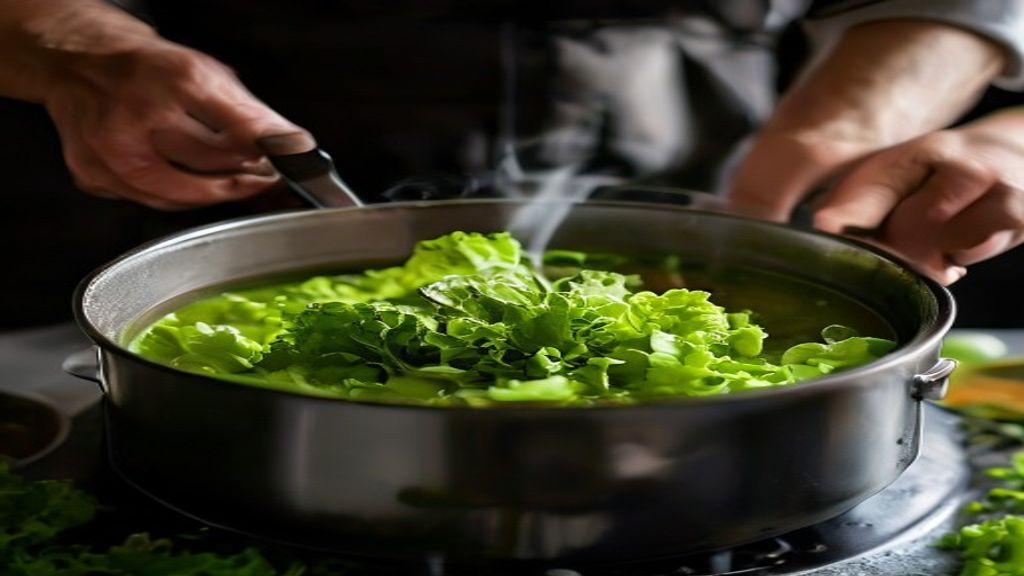 Mãos adicionando folhas de alface à panela durante o cozimento da sopa