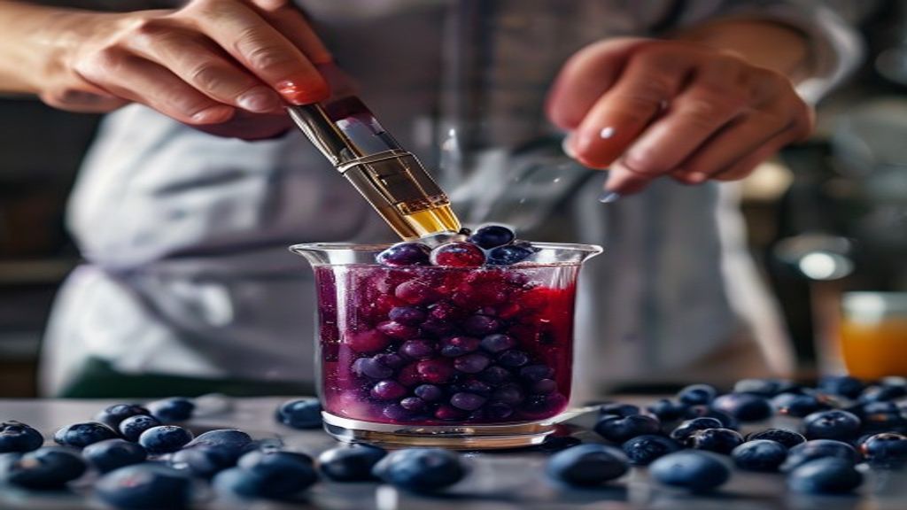 Mãos adicionando mirtilos e mel no liquidificador durante o preparo do suco